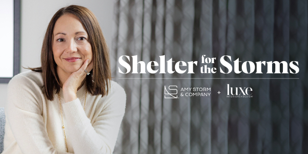 Designer Amy Storm sitting in her house, text to the right of her says “shelter for the storms"